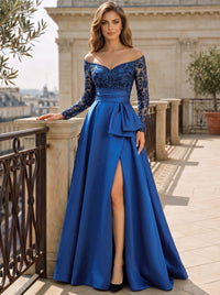 A-Line Mother Of The Bride Dresses Elegant Satin Floor-Length Illusion Long Sleeves Off-The-Shoulder Sequined Embroidery Split Side Sash With Ruffles Zipper