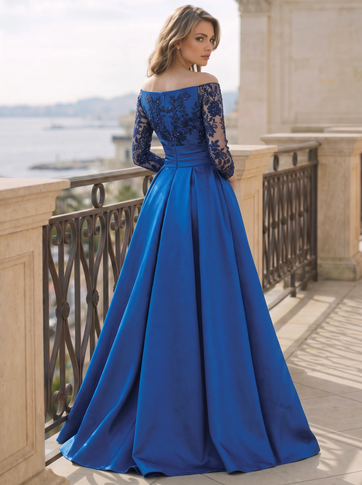 A-Line Mother Of The Bride Dresses Elegant Satin Floor-Length Illusion Long Sleeves Off-The-Shoulder Sequined Embroidery Split Side Sash With Ruffles Zipper