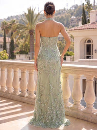 Sheath Evening Dresses Floral Appliques Halter Sleeveless Floor-Length Illusion Bodice Side Slit Zipper