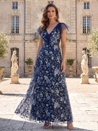 A-Line Mother Of The Bride Dresses Floral Embroidery V-Neck Short Sleeves Floor-Length Zipper