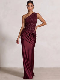 Sheath/Column Evening Dress Satin One Shoulder Sleeveless Floor Length Runched Burgundy Sequins Formal Wedding Guest Dress