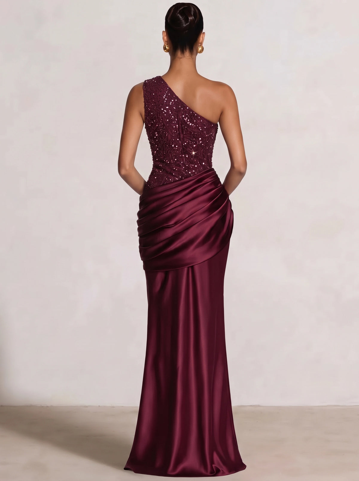 Sheath/Column Evening Dress Satin One Shoulder Sleeveless Floor Length Runched Burgundy Sequins Formal Wedding Guest Dress