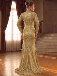Sheath Evening Sequined Dresses V Neck Gold Runched Formal Wedding Floor Length Sparkly Party Dress With High Slit