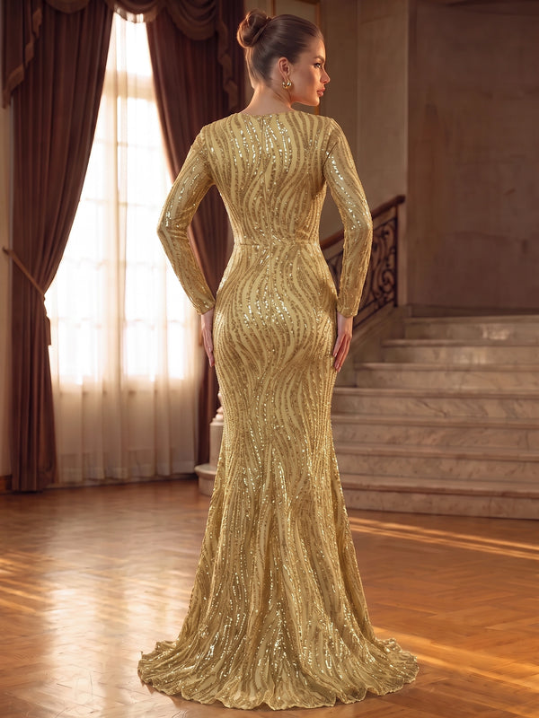 Sheath Evening Sequined Dresses V Neck Gold Runched Formal Wedding Floor Length Sparkly Party Dress With High Slit