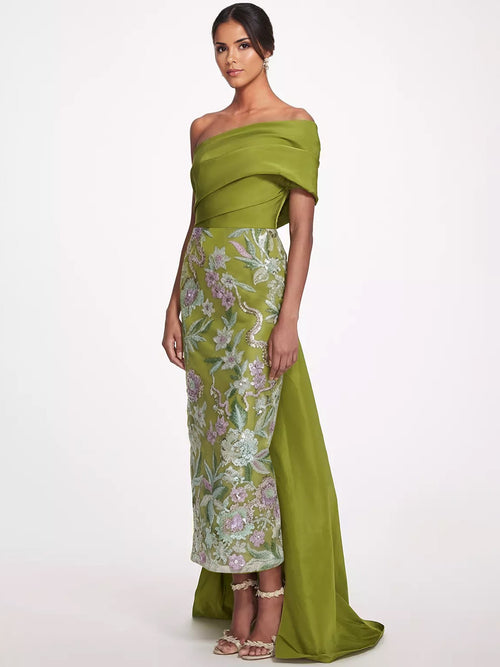 Sheath/Column Floral Evening Dress Taffeta One-Shoulder Sleeveless Ankle-Length With Back Bow Embroidery