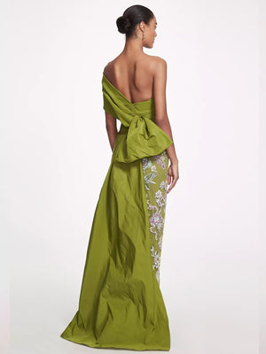 Sheath/Column Floral Evening Dress Taffeta One-Shoulder Sleeveless Ankle-Length With Back Bow Embroidery