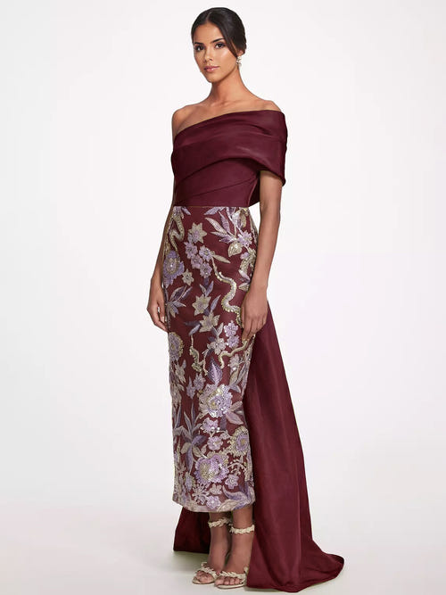 贴身/直筒花卉晚礼服 塔夫绸 单肩 无袖 踝长 后蝴蝶结 刺绣