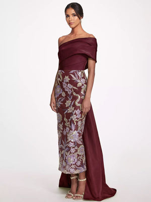Sheath/Column Floral Evening Dress Taffeta One-Shoulder Sleeveless Ankle-Length With Back Bow Embroidery