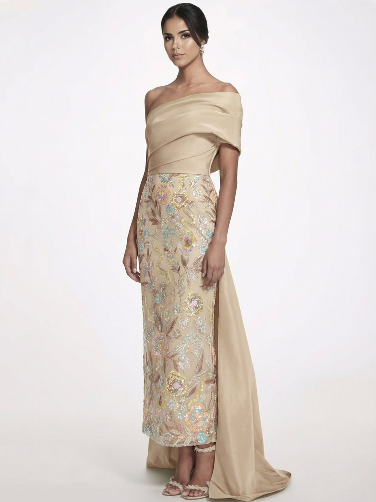 Nafori Champagne Sheath/Column Floral Evening Dress Taffeta One-Shoulder Sleeveless Ankle-Length With Back Bow Embroidery 2026