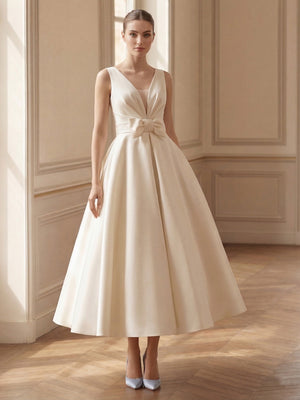 A-Line/Princess Wedding Dresses Little White Dress V-Neck Sleeveless Corset Ankle-Length Wedding Dress With Bow