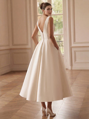 A-Line/Princess Wedding Dresses Little White Dress V-Neck Sleeveless Corset Ankle-Length Wedding Dress With Bow