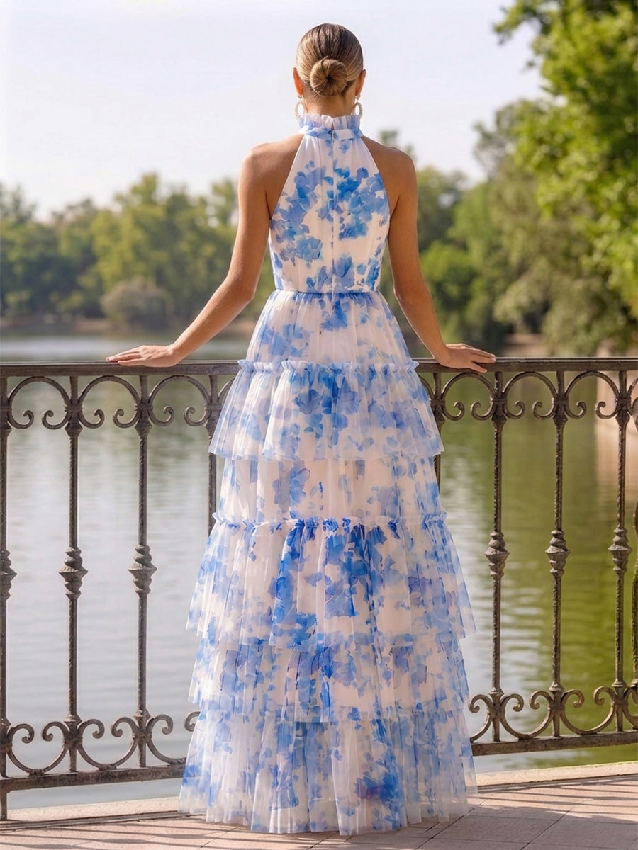 Nafori Blue A-Line/Princess Evening Dresses Printed Chiffon Tiered Ruffles Halter Floor-Length Sleeveless Summer Floral 2026