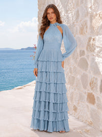 A-Line/Princess Formal Dresses Chiffon Pleated High Neck Long Sleeves Floor-Length Tiered Ruffles Evening Dresses With Floral