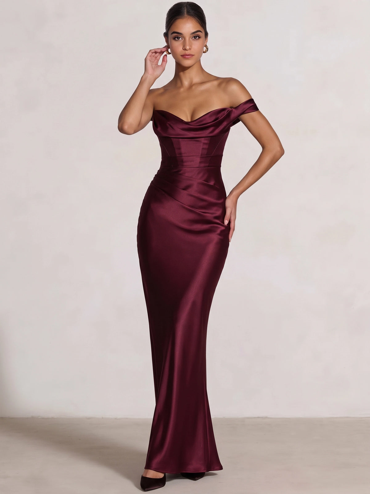 Sheath/Column Evening Dress Satin One Shoulder Sleeveless Floor Length Runched Burgundy Formal Wedding Guest Dress With Back Lace Up