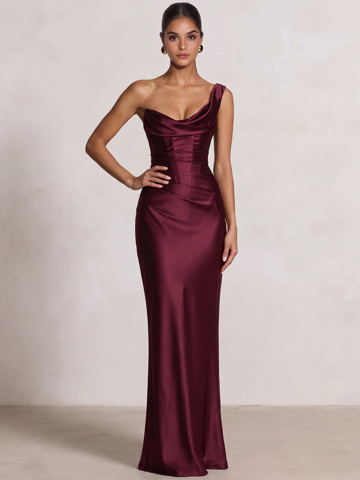 Sheath/Column Evening Dress Satin One Shoulder Sleeveless Floor Length Runched Burgundy Formal Wedding Guest Dress With Back Lace Up