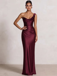 Sheath/Column Evening Dress Satin One Shoulder Sleeveless Floor Length Runched Burgundy Formal Wedding Guest Dress With Back Lace Up