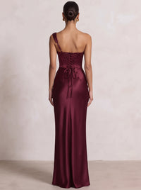 Sheath/Column Evening Dress Satin One Shoulder Sleeveless Floor Length Runched Burgundy Formal Wedding Guest Dress With Back Lace Up