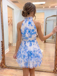 A-Line/Princess Homecoming Dresses Printed Chiffon Halter Sleeveless Short Layered Ruffles