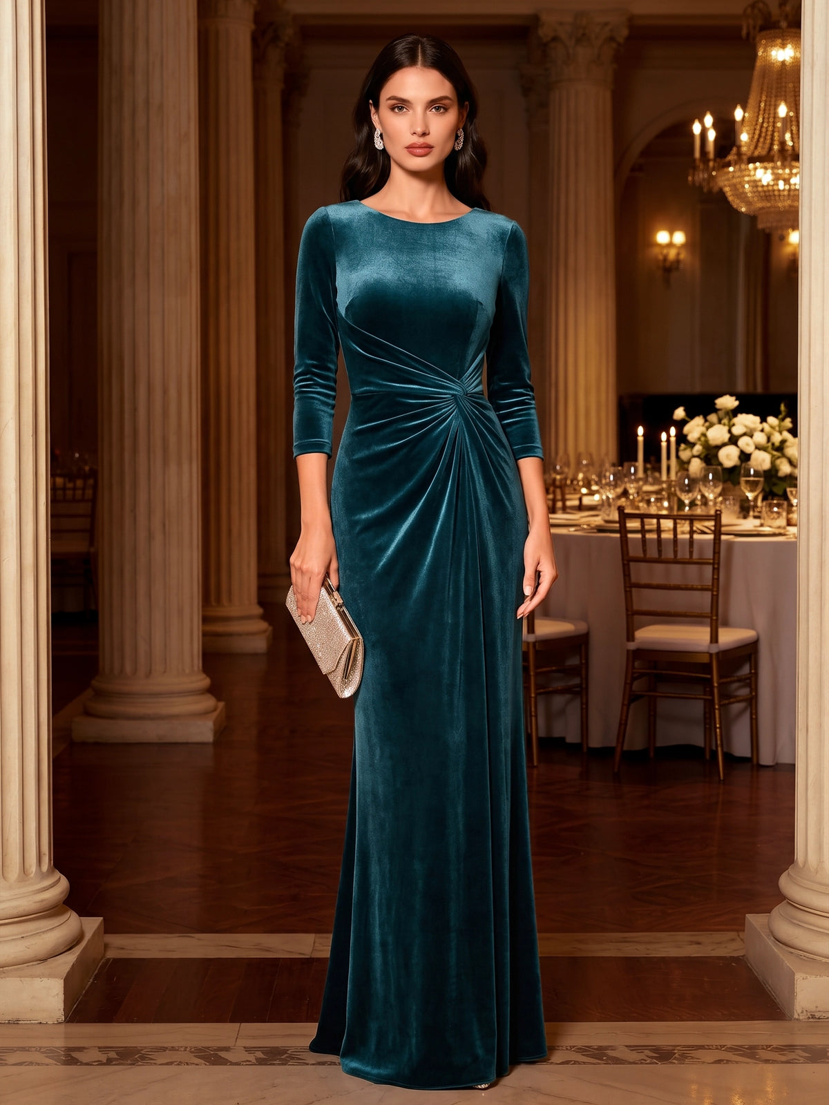 Sheath/Column Velvet Evening Gown Christmas Party Floor Length Boat Neck Runched Long Sleeves Elegant Formal Dress.