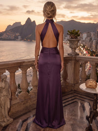 A-Line/Princess Satin Evening Gown Elegant Formal Dress Floor Length Sleeveless Halter Neck Runched  With High Slit