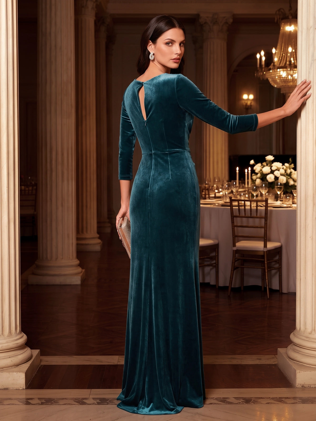 Sheath/Column Velvet Evening Gown Christmas Party Floor Length Boat Neck Runched Long Sleeves Elegant Formal Dress.