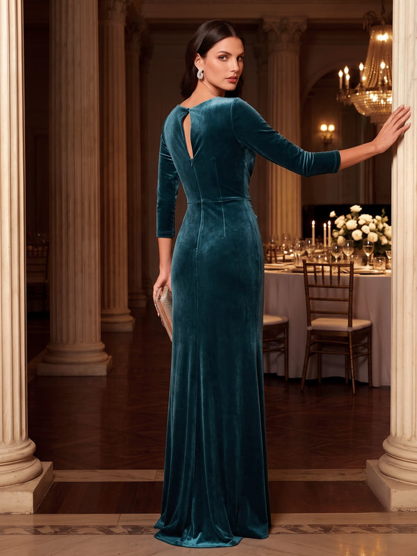 Sheath/Column Velvet Evening Gown Christmas Party Floor Length Boat Neck Runched Long Sleeves Elegant Formal Dress.