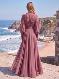 A-Line/Princess Formal Dresses Chiffon V-Neck Long Sleeves Floor-Length Ruched Evening Dresses Zipper