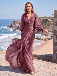 A-Line/Princess Formal Dresses Chiffon V-Neck Long Sleeves Floor-Length Ruched Evening Dresses Zipper
