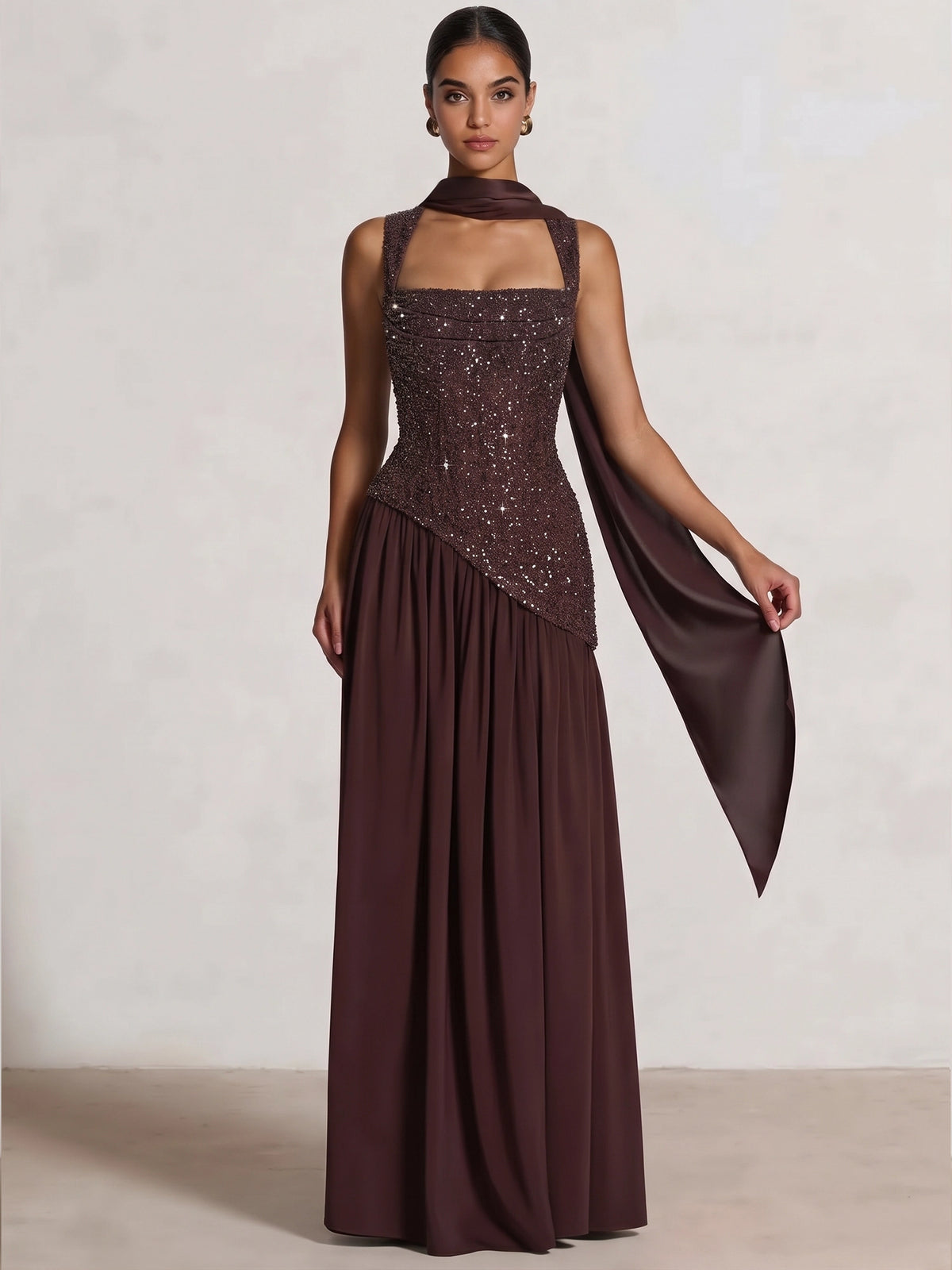 Sheath/Column Evening Dresses Chiffon Square Neck Sleeveless Floor-Length Ruched Sequins Summer Wedding Guest Dresses With Scarf