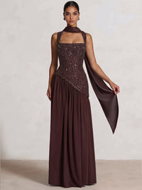 Sheath/Column Evening Dresses Chiffon Square Neck Sleeveless Floor-Length Ruched Sequins Summer Wedding Guest Dresses With Scarf