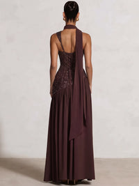 Sheath/Column Evening Dresses Chiffon Square Neck Sleeveless Floor-Length Ruched Sequins Summer Wedding Guest Dresses With Scarf