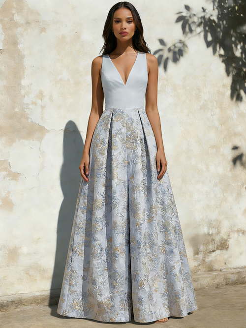 A-Line Evening Gown Elegant Jacquard Floral Dress Floor Length Sleeveless V Neck with Slit Pocket Dusty Blue Wedding Guest Dress