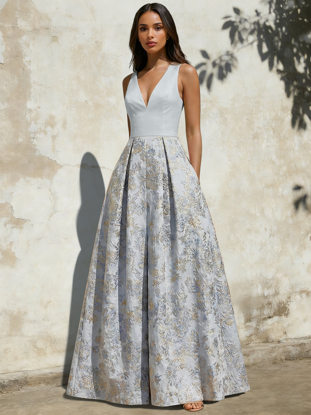 A-Line Evening Gown Elegant Jacquard Floral Dress Floor Length Sleeveless V Neck with Slit Pocket Dusty Blue Wedding Guest Dress