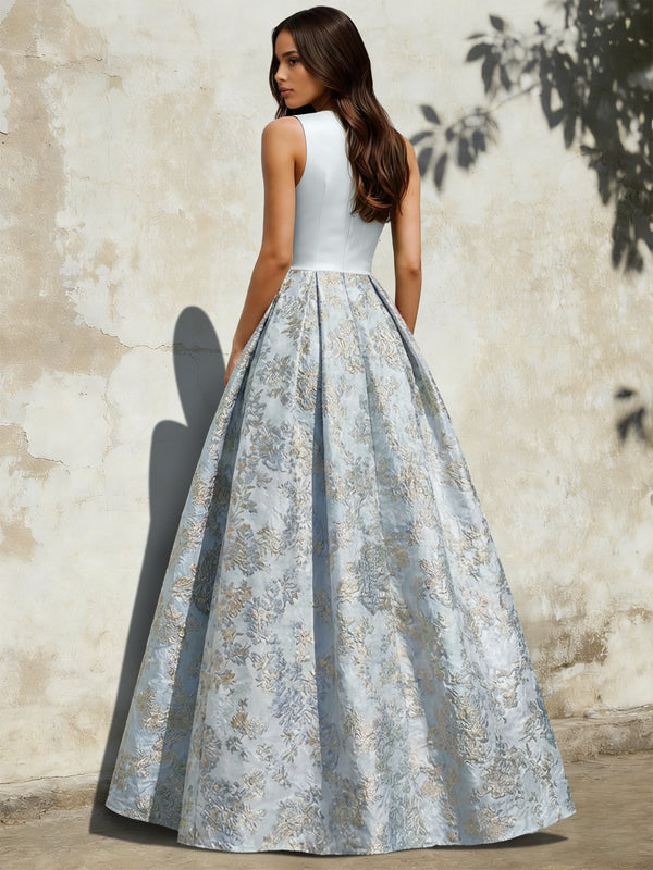 A-Line Evening Gown Elegant Jacquard Floral Dress Floor Length Sleeveless V Neck with Slit Pocket Dusty Blue Wedding Guest Dress