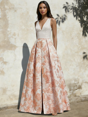 A-Line Evening Gown Elegant Jacquard Floral Dress Floor Length Sleeveless V Neck with Slit Pocket Dusty Blue Wedding Guest Dress