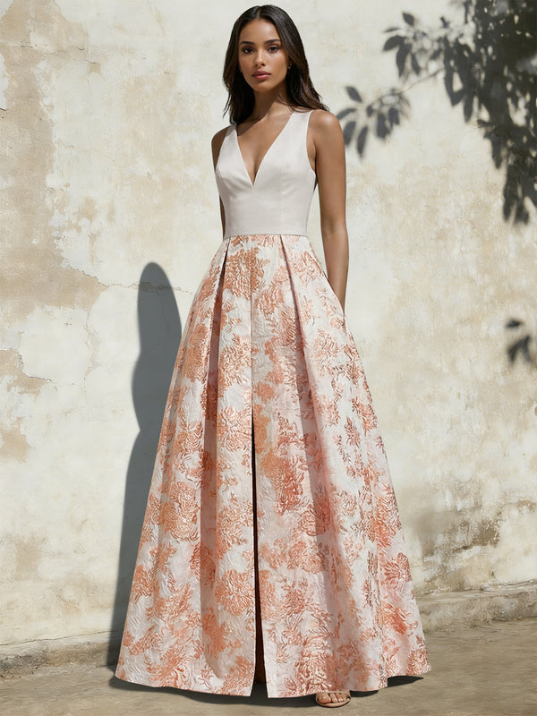 A-Line Evening Gown Elegant Jacquard Floral Dress Floor Length Sleeveless V Neck with Slit Pocket Dusty Blue Wedding Guest Dress