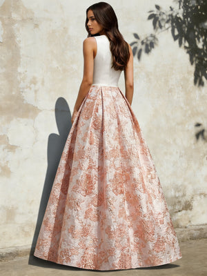 A-Line Evening Gown Elegant Jacquard Floral Dress Floor Length Sleeveless V Neck with Slit Pocket Dusty Blue Wedding Guest Dress