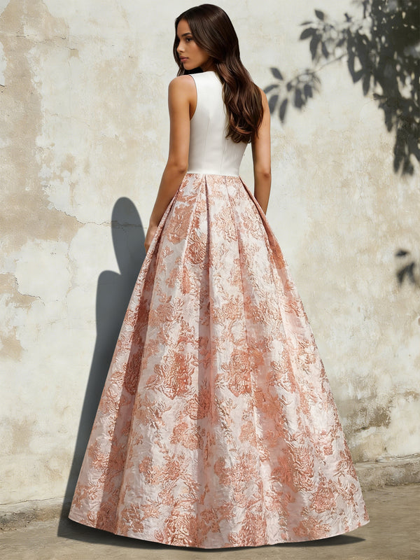 A-Line Evening Gown Elegant Jacquard Floral Dress Floor Length Sleeveless V Neck with Slit Pocket Dusty Blue Wedding Guest Dress