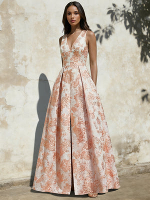 A-Line Evening Gown Elegant Jacquard Floral Dress Floor Length Sleeveless V Neck with Pocket Blue Wedding Guest Dress