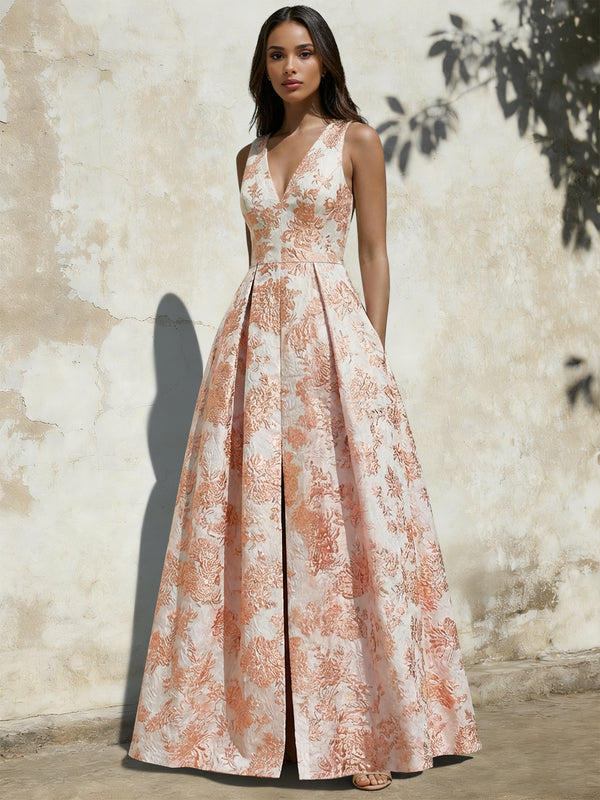 A-Line Evening Gown Elegant Jacquard Floral Dress Floor Length Sleeveless V Neck with Pocket Blue Wedding Guest Dress