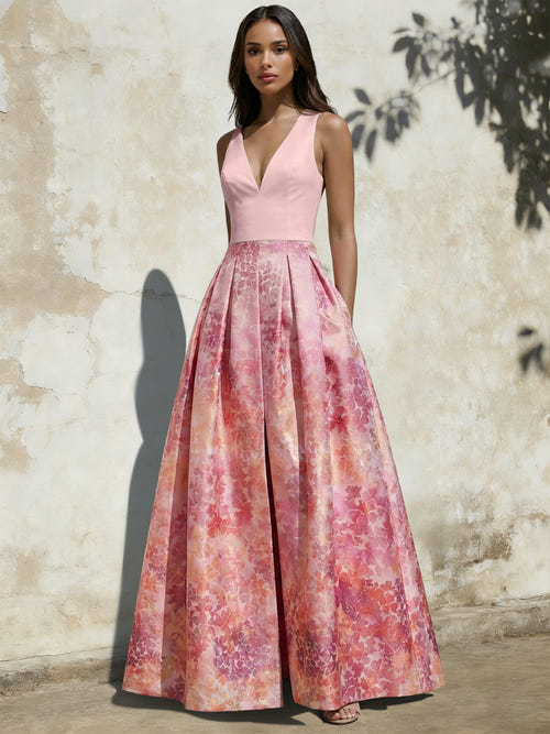 A-Line Evening Gown Elegant Jacquard Floral Dress Floor Length Sleeveless V Neck with Slit Pocket Dusty Blue Wedding Guest Dress