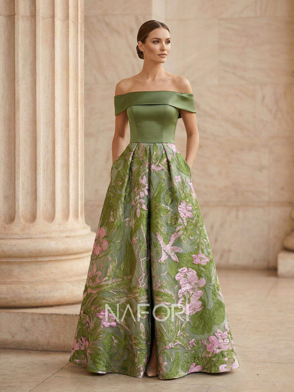 A-Line/Princess Floral Evening Dress Off-The-Shoulder Floral Sleeveless Floor-Length With Pocket Embroidery