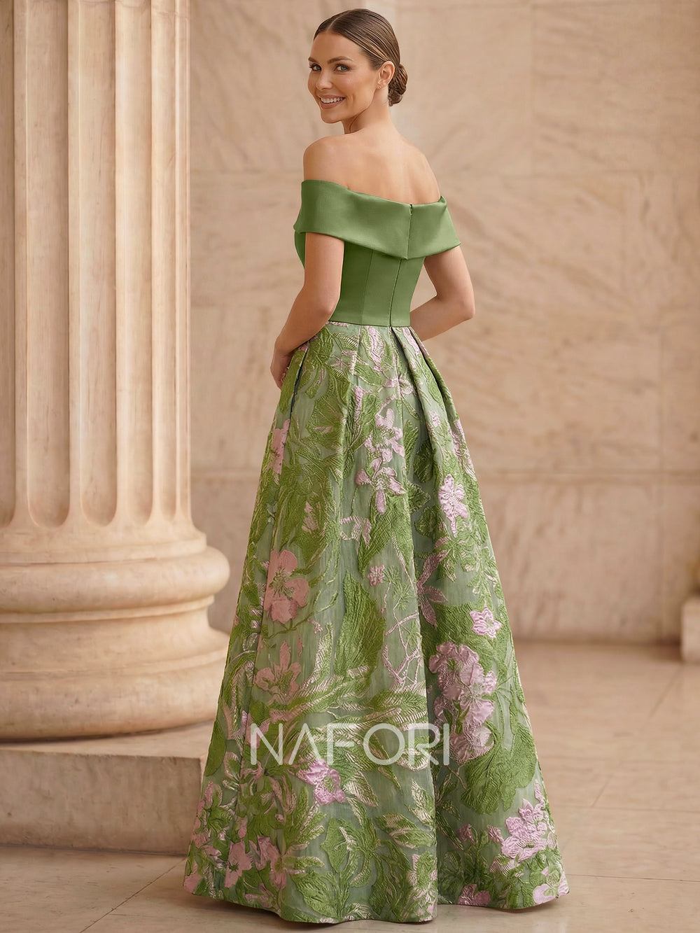 A-Line/Princess Floral Evening Dress Off-The-Shoulder Floral Sleeveless Floor-Length With Pocket Embroidery