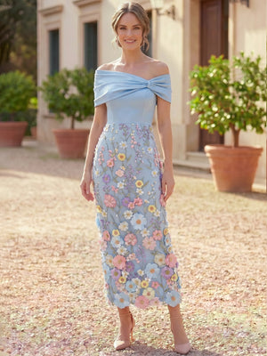 Sheath/Column Cocktail Dress Ankle Length Floral Wedding Sleeveless Off The Shoulder Corset Floral Embroiery Dress