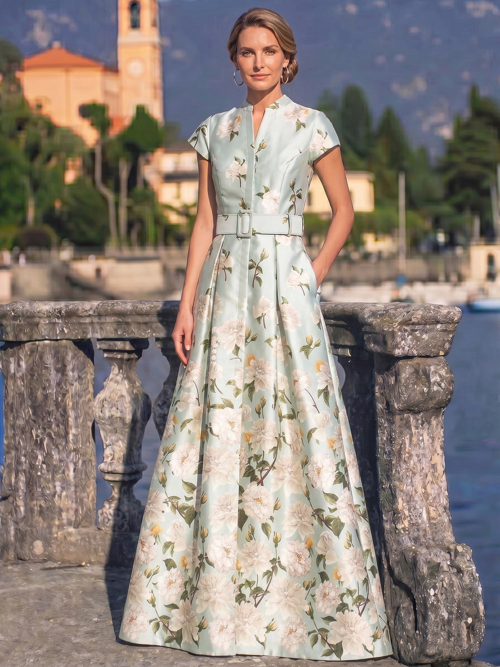 A-Line Mother Of The Bride Dresses Elegant Printed Stain Floor-Length Short Sleeves V-Neck Belt Front Slit Wedding Guest Dress