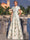 A-Line Mother Of The Bride Dresses Elegant Printed Stain Floor-Length Short Sleeves V-Neck Belt Front Slit Wedding Guest Dress