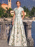 A-Line Mother Of The Bride Dresses Elegant Printed Stain Floor-Length Short Sleeves V-Neck Belt Front Slit Wedding Guest Dress