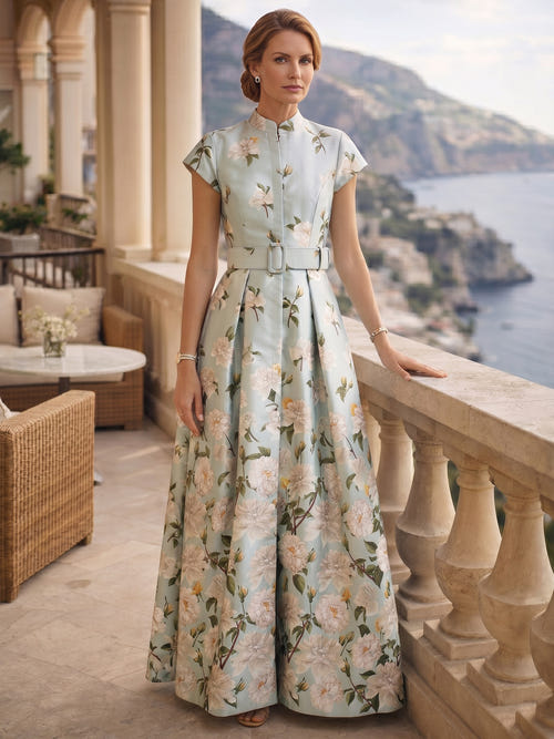 A-Line Mother Of The Bride Dresses Elegant Printed Stain Floor-Length Short Sleeves V-Neck Belt Front Slit Wedding Guest Dress