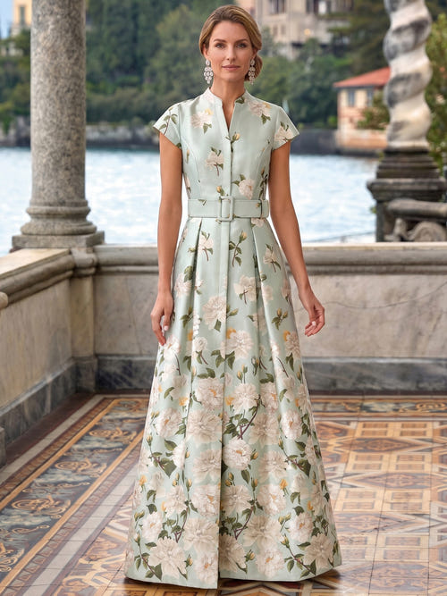 A-Line Mother Of The Bride Dresses Elegant Printed Stain Floor-Length Short Sleeves V-Neck Belt Front Slit Wedding Guest Dress