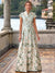 A-Line Mother Of The Bride Dresses Elegant Printed Stain Floor-Length Short Sleeves V-Neck Belt Front Slit Wedding Guest Dress
